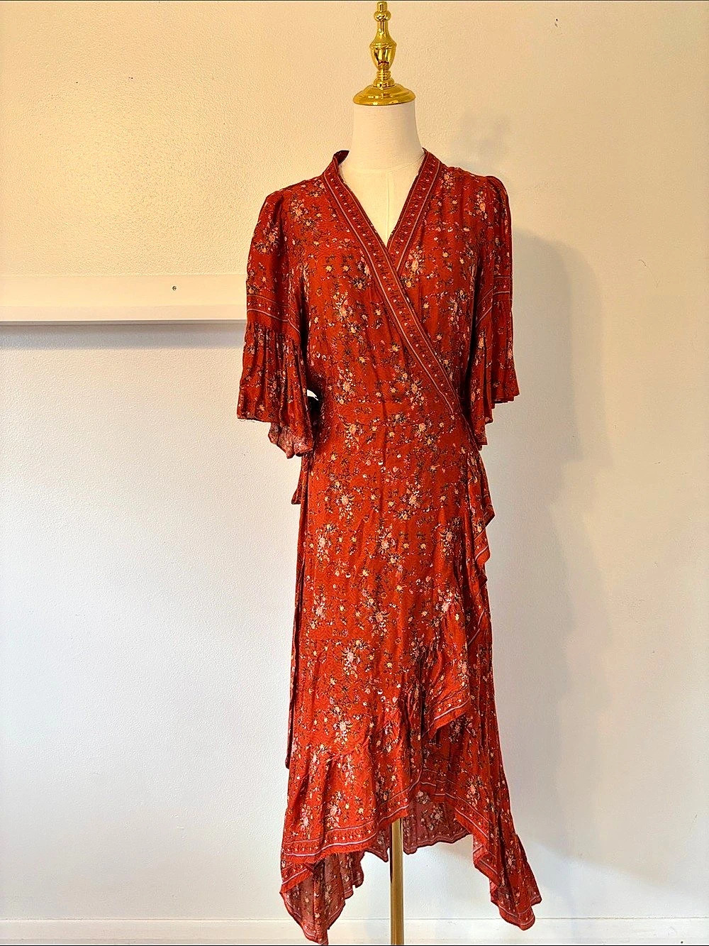 Chelsea & Violet Floral Wrap High-Low Dress in Orange Size Medium